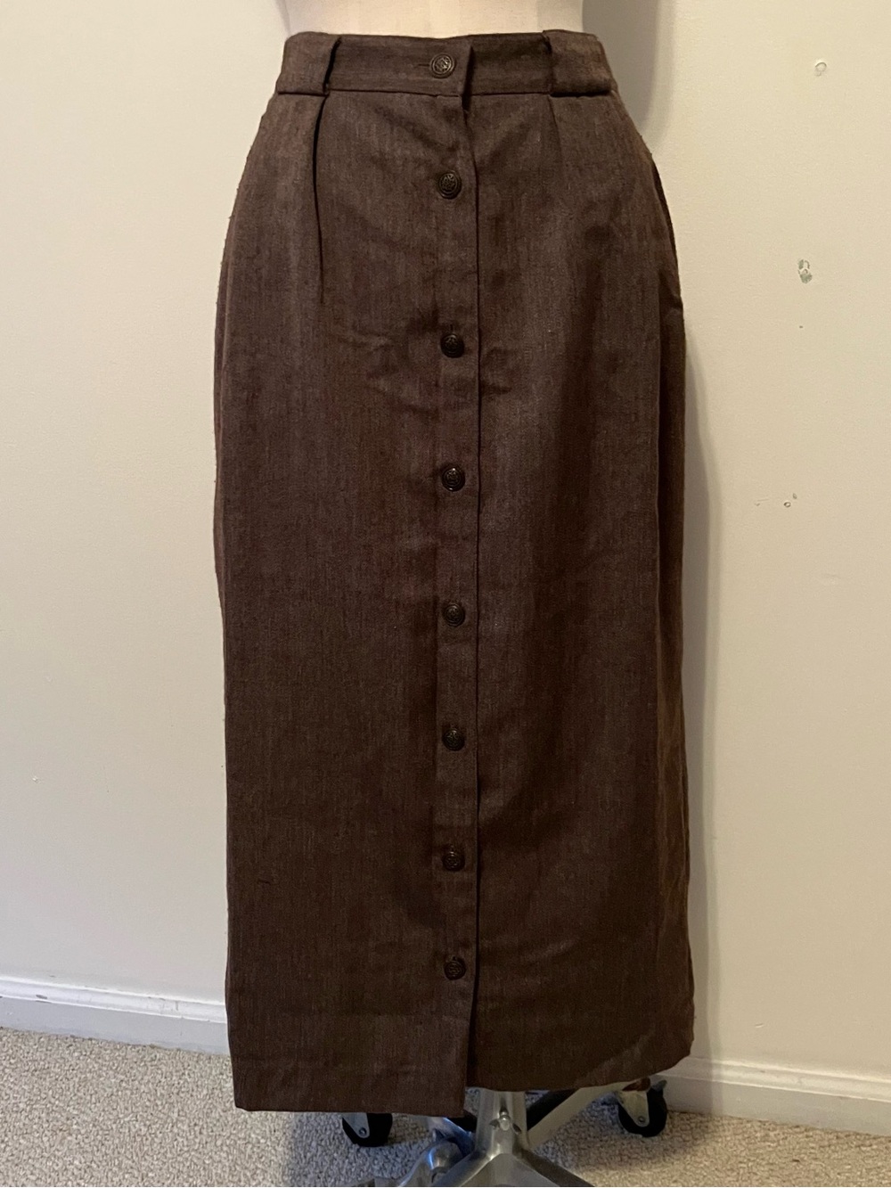 VTG Herringbone Pencil Straight Skirt 10 Brown Button Front Office Academia 90s